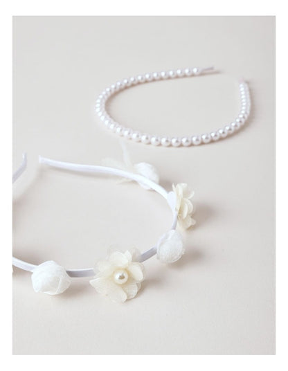 2 Pack Floral Tulle and Pearl Headband Set in White