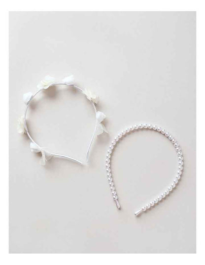 2 Pack Floral Tulle and Pearl Headband Set in White
