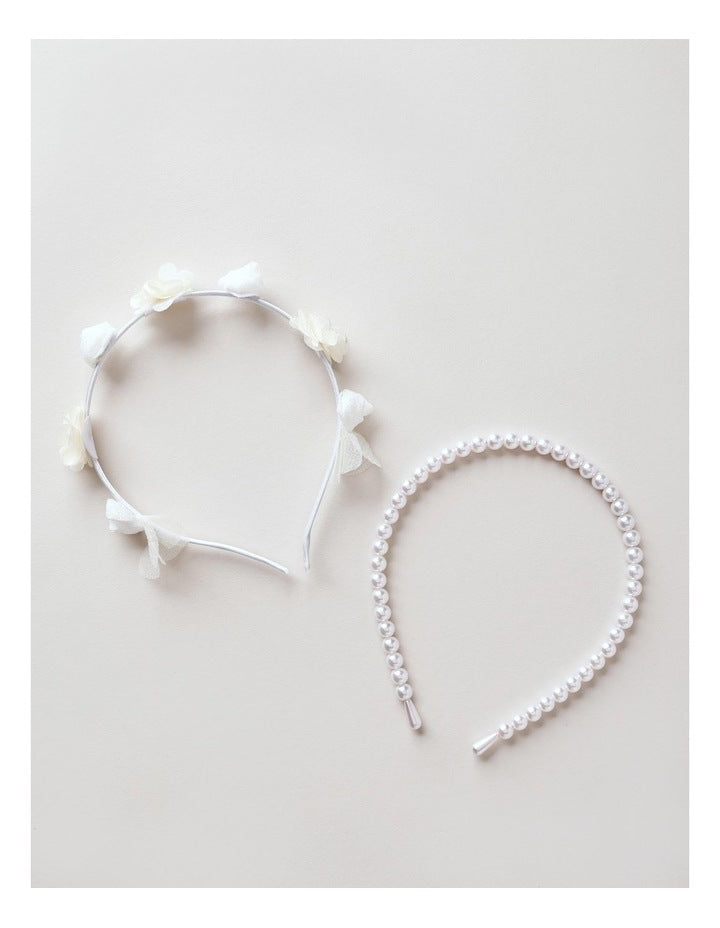 2 Pack Floral Tulle and Pearl Headband Set in White