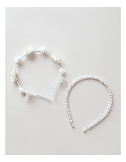 2 Pack Floral Tulle and Pearl Headband Set in White