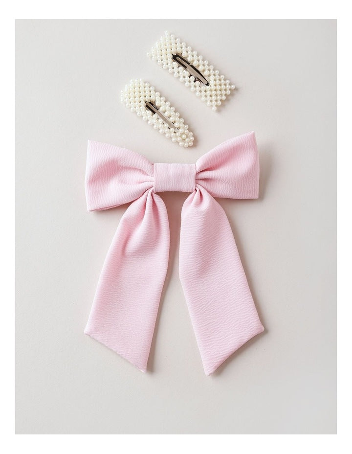 Oversized Bow With Pearl Clips in Pink