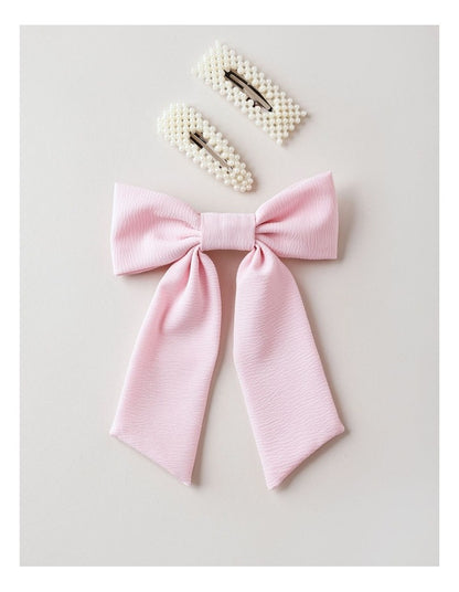 Oversized Bow With Pearl Clips in Pink