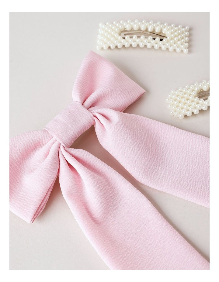 Oversized Bow With Pearl Clips in Pink