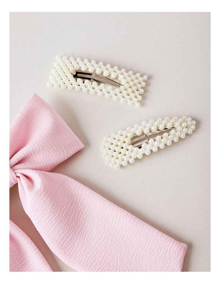 Oversized Bow With Pearl Clips in Pink