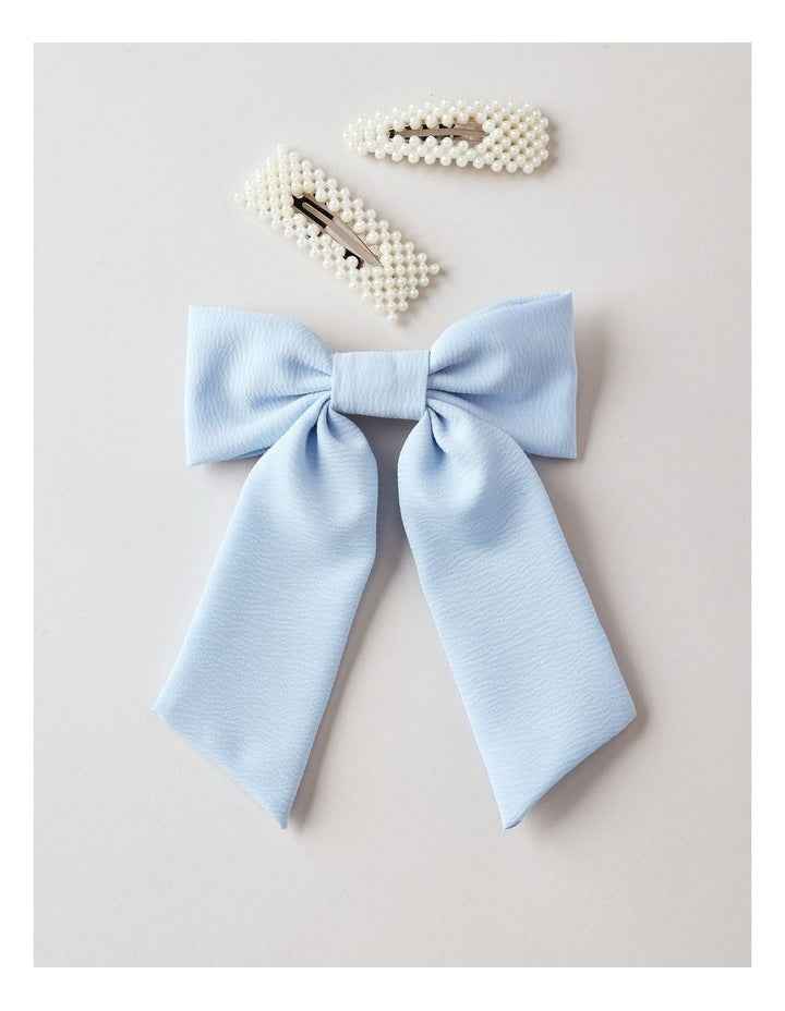 Oversized Bow With Pearl Clips in Blue