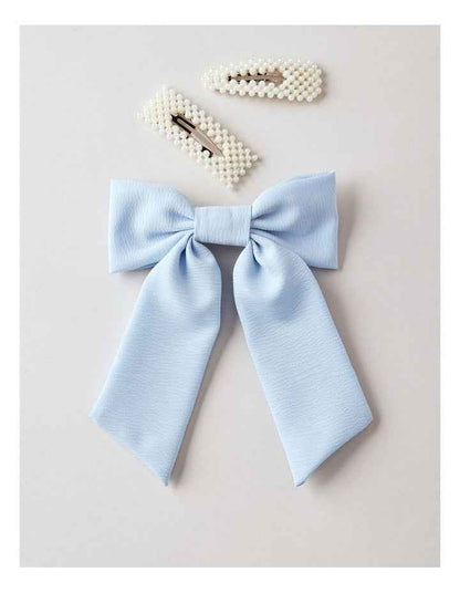 Oversized Bow With Pearl Clips in Blue