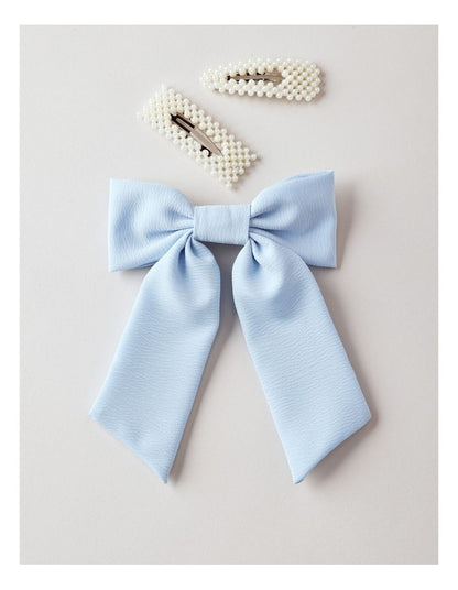 Oversized Bow With Pearl Clips in Blue