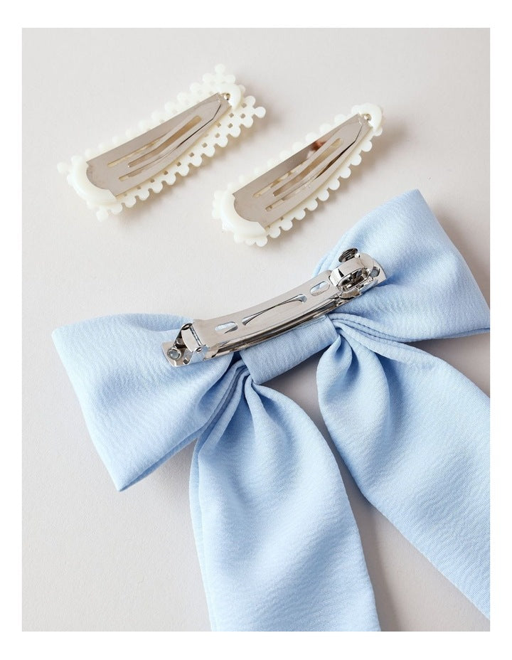 Oversized Bow With Pearl Clips in Blue