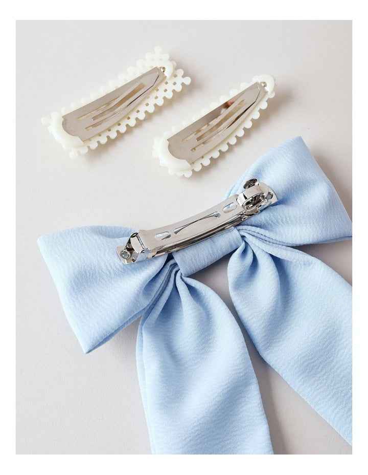 Oversized Bow With Pearl Clips in Blue