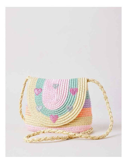 Girls Straw Crossbody with Embroidered Hearts in Rainbow