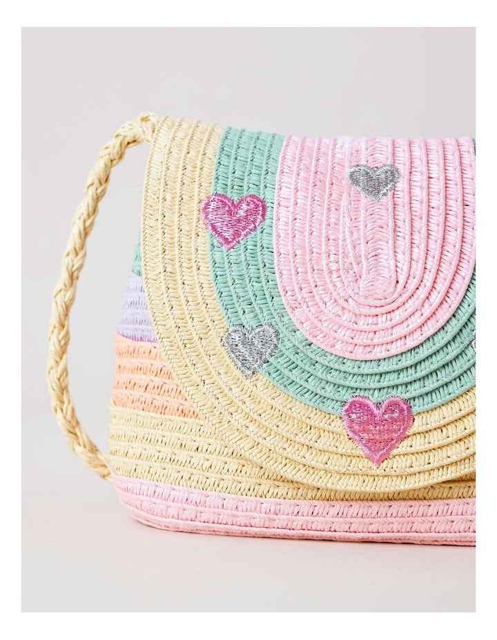 Girls Straw Crossbody with Embroidered Hearts in Rainbow