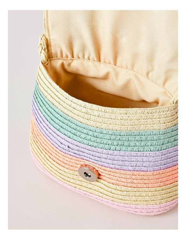 Girls Straw Crossbody with Embroidered Hearts in Rainbow