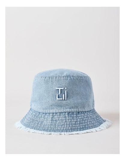 Washed Denim Bucket Hat with Frayed Edges in Denim