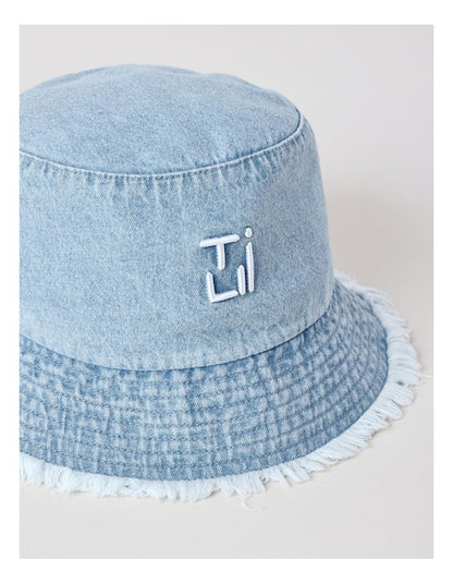 Washed Denim Bucket Hat with Frayed Edges in Denim