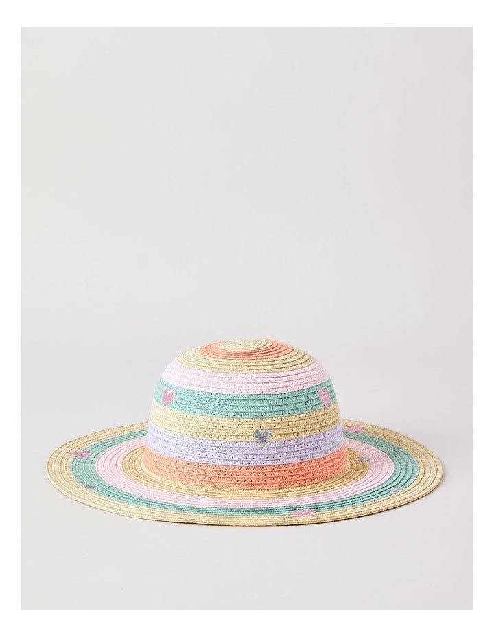 Girls Pastel Rainbow Straw Hat with Embroidered Hearts in Rainbow
