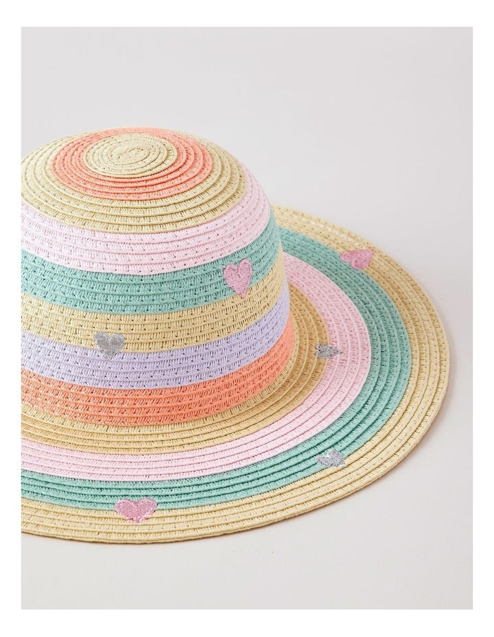 Girls Pastel Rainbow Straw Hat with Embroidered Hearts in Rainbow