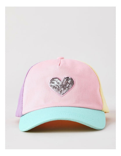Girls Pastel Colourblock Cap with Sequin Heart in Multi