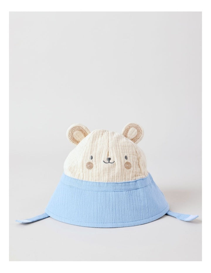 Muslin Bucket Hat with Bear Face in Blue