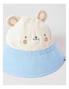 Muslin Bucket Hat with Bear Face in Blue