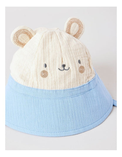Muslin Bucket Hat with Bear Face in Blue