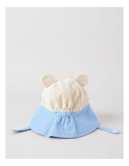 Muslin Bucket Hat with Bear Face in Blue