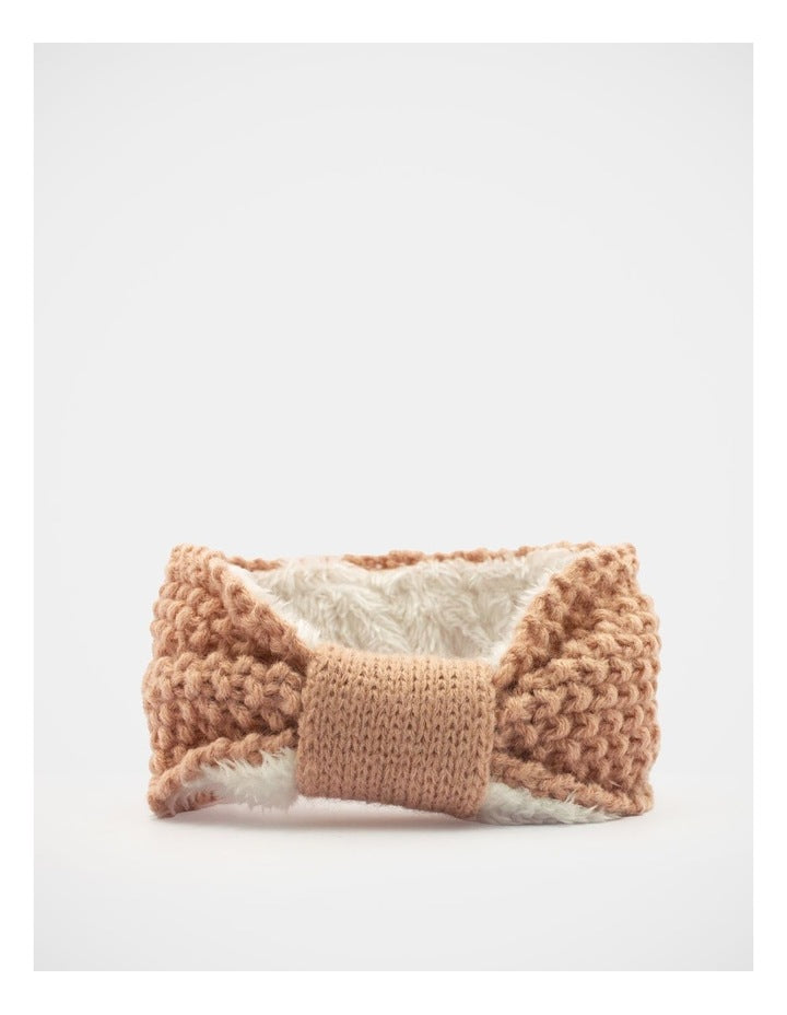 Fleece Lined Knit Hair Wrap in Taupe