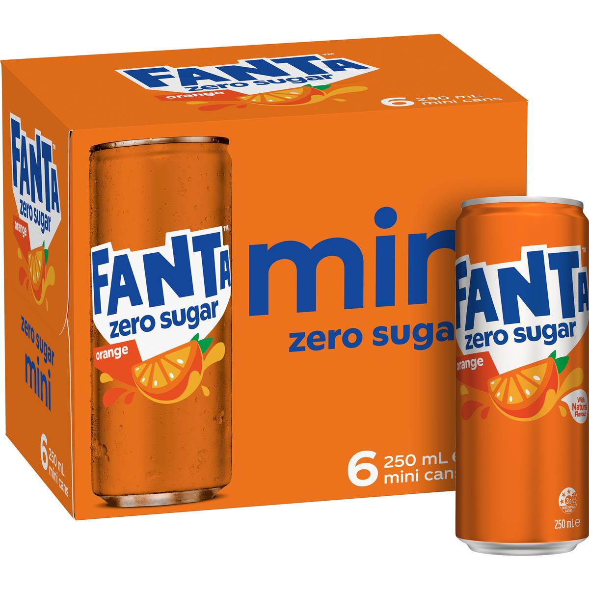 Fanta Orange Zero Sugar Soft Drink Mini Cans 250ml x 6 Pack