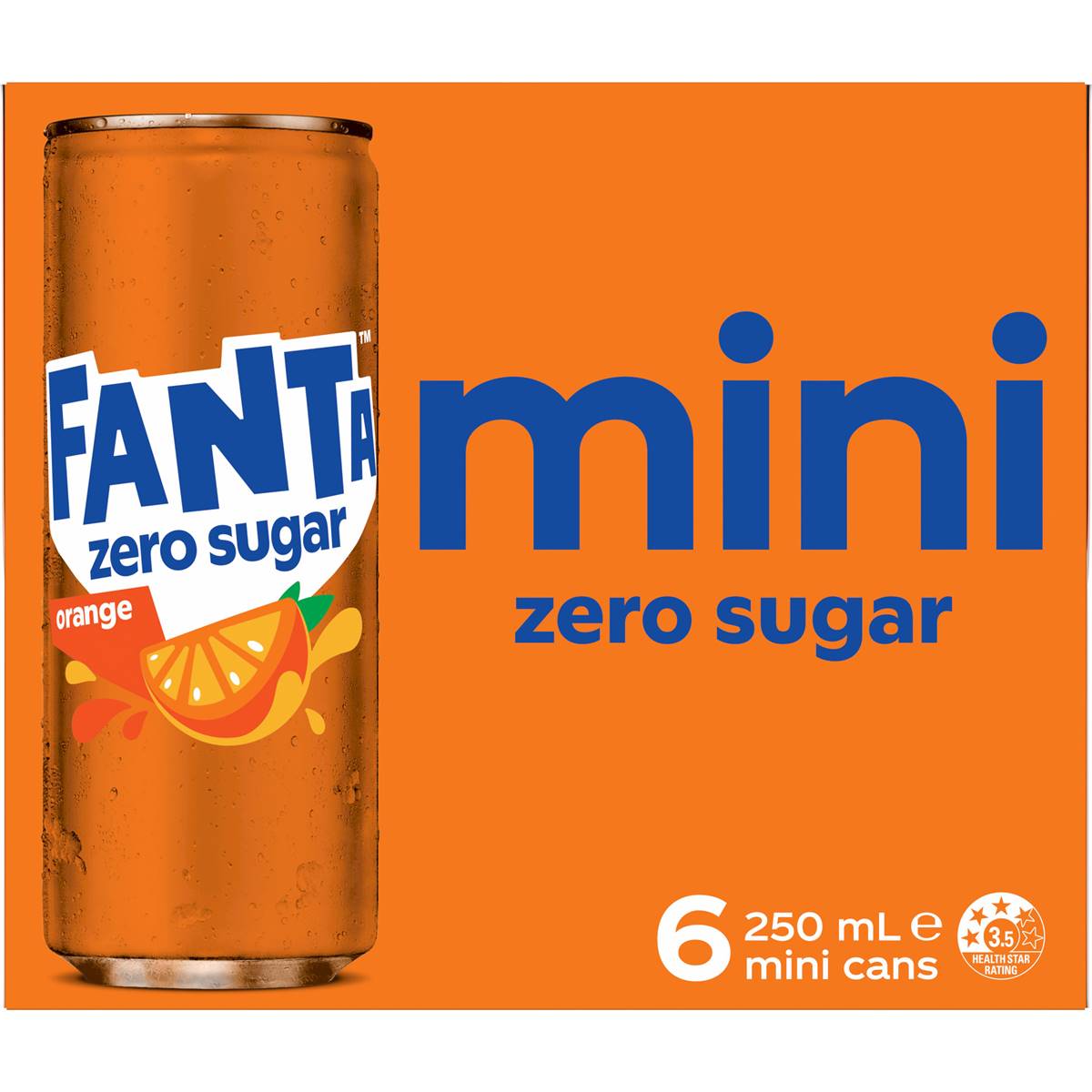 Fanta Orange Zero Sugar Soft Drink Mini Cans 250ml x 6 Pack
