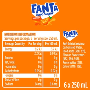 Fanta Orange Zero Sugar Soft Drink Mini Cans 250mL x 6 pack