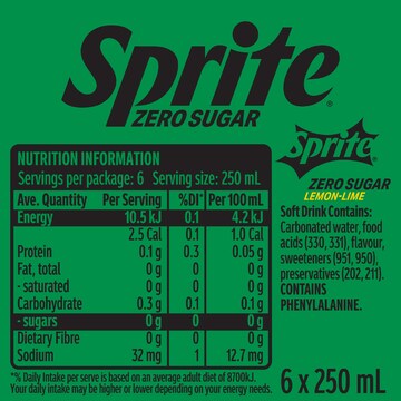 Sprite Zero Sugar Lemonade Soft Drink Mini Cans 250mL x 6 pack