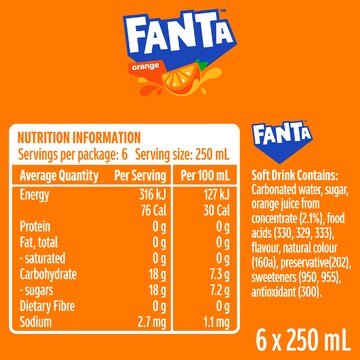 Fanta Orange Soft Drink Mini Cans 250mL x 6 pack