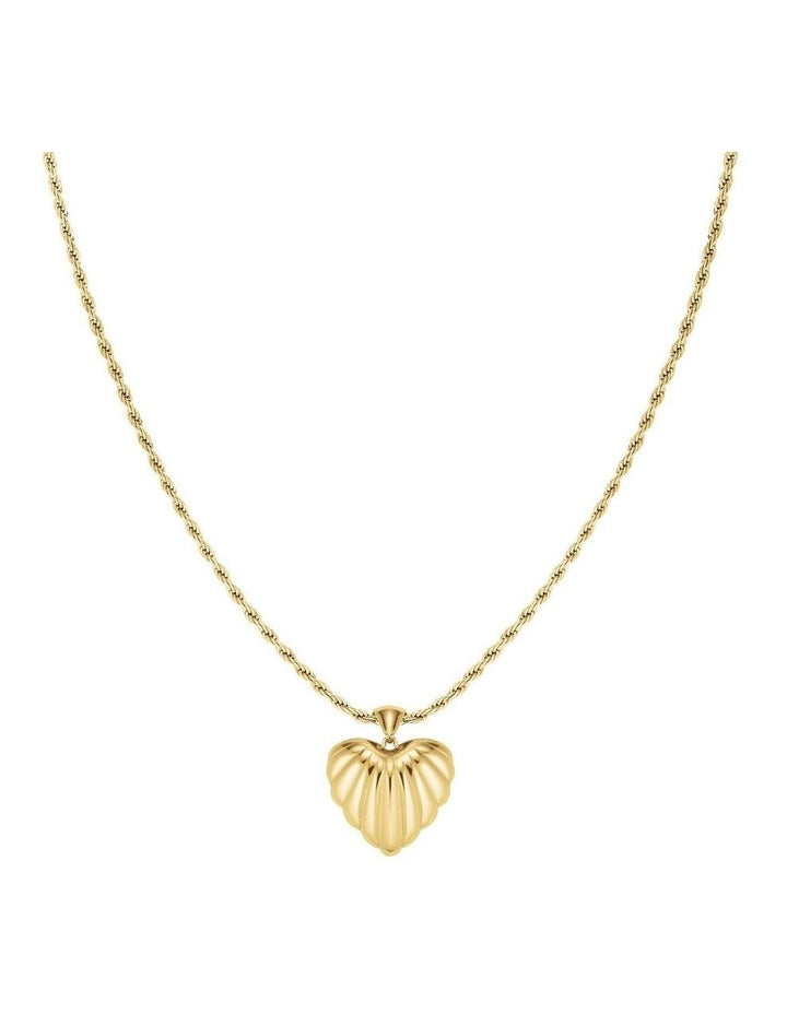 Ridged Heart Pendant Necklace in Gold-Tone