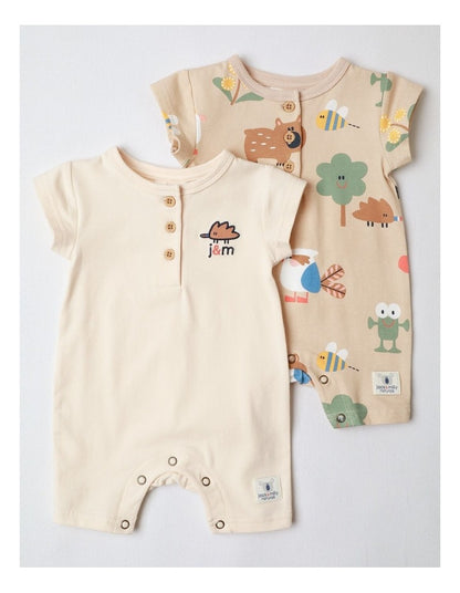 Naturals 2 Pack Rompers wih Echidna Embroidery in Oatmeal