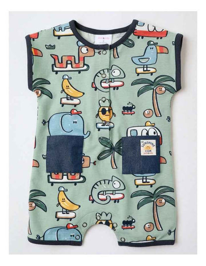 Noah Knit Short Sleeve Romper with Chambray Pocket and Placket in Green