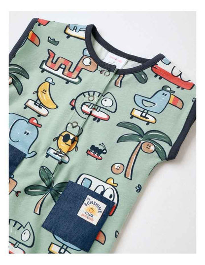 Noah Knit Short Sleeve Romper with Chambray Pocket and Placket in Green