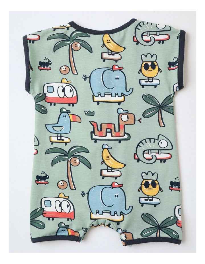 Noah Knit Short Sleeve Romper with Chambray Pocket and Placket in Green