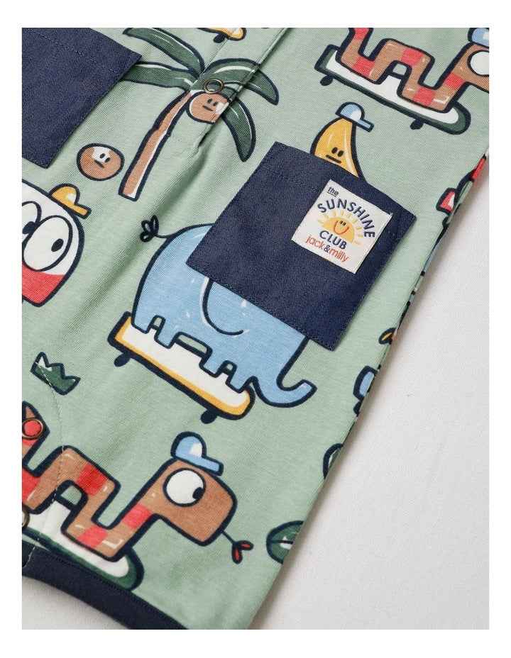 Noah Knit Short Sleeve Romper with Chambray Pocket and Placket in Green
