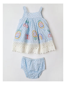 Pearl Woven Dress with Lace Trim and Embroidery in Light Blue