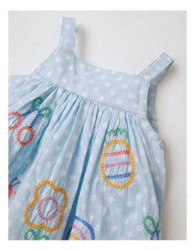Pearl Woven Dress with Lace Trim and Embroidery in Light Blue