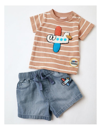 Jasper Yarn-Dyed Tee and Short Set with Boucle Plane in Light Brown