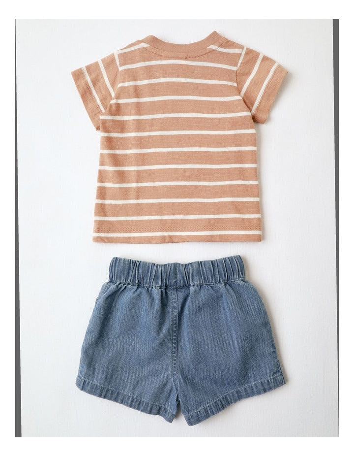 Jasper Yarn-Dyed Tee and Short Set with Boucle Plane in Light Brown