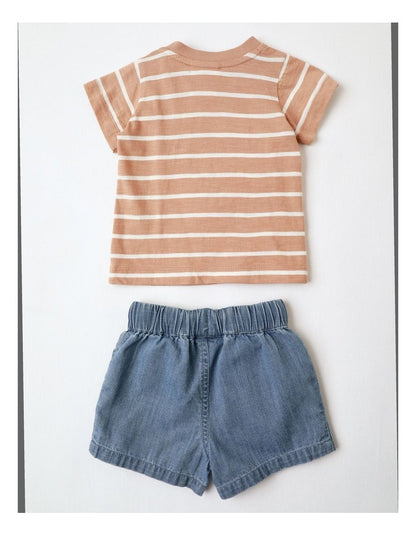 Jasper Yarn-Dyed Tee and Short Set with Boucle Plane in Light Brown