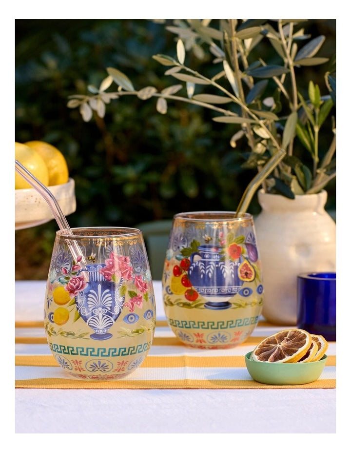 Mediterranean Summer Glass Tumbler Set of 2 in Multi
