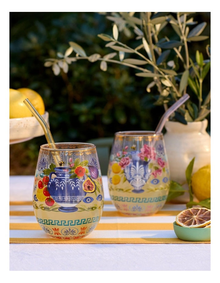 Mediterranean Summer Glass Tumbler Set of 2 in Multi