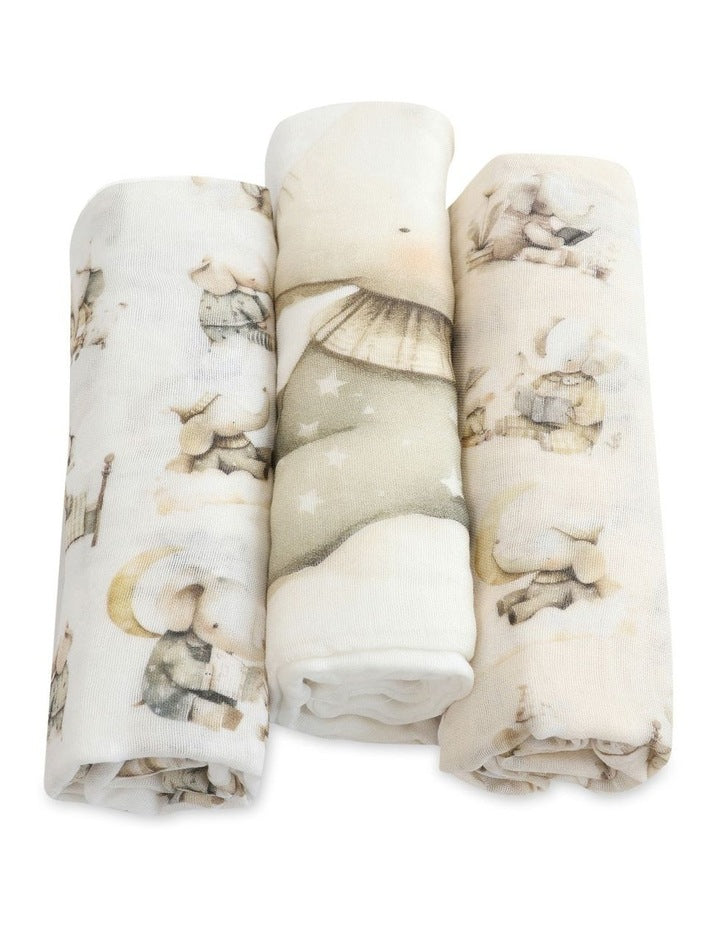Elephant Bedtime Muslin Wraps 3 Pack in Beige/White