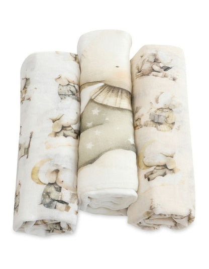 Elephant Bedtime Muslin Wraps 3 Pack in Beige/White