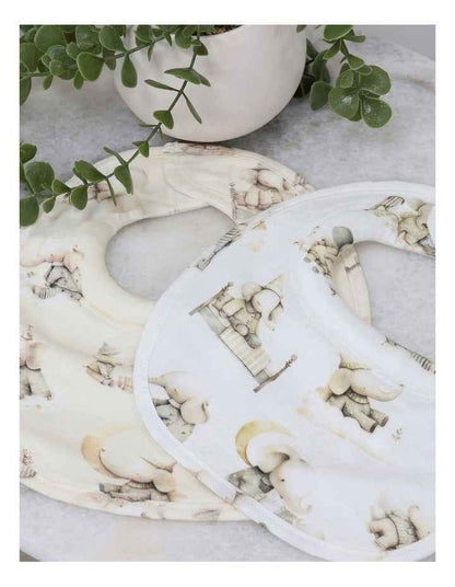 Elephant Bedtime Dribble Bibs 2 Pack in Beige/White