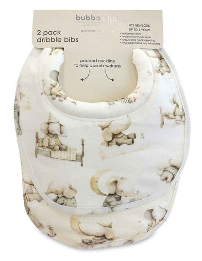 Elephant Bedtime Dribble Bibs 2 Pack in Beige/White