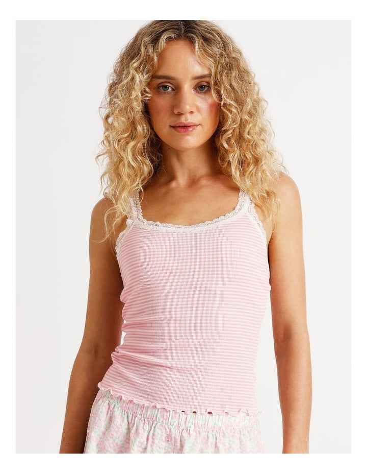 Lola Lace Trim Rib Cami in Pink Sorbet Stripe Print
