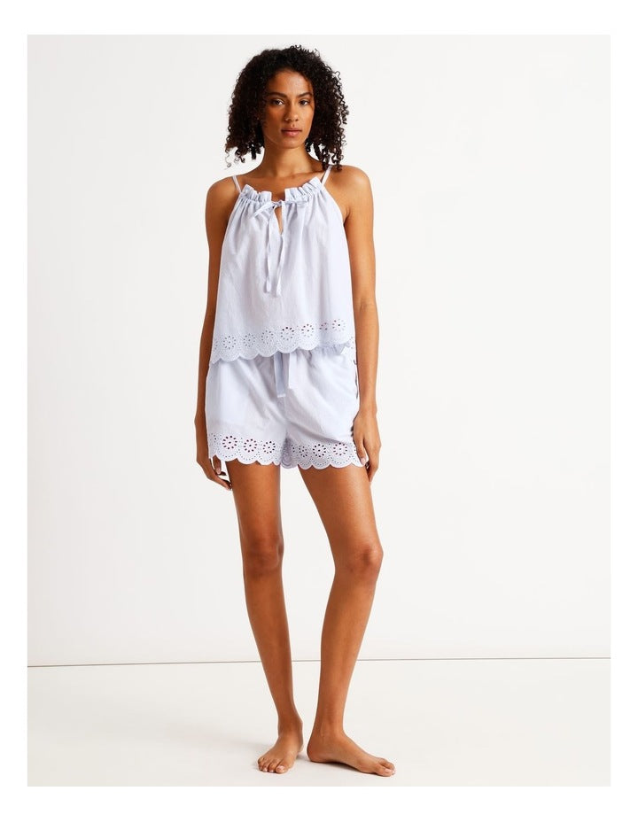 Divine Broderie Cami Short PJ Set in Soft Blue